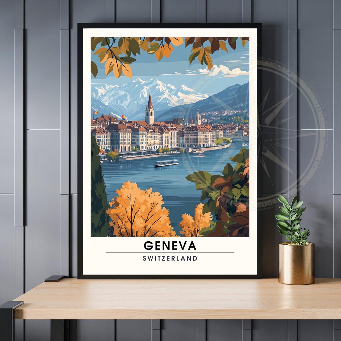 Geneva Lakefront Old Town Autumn Alps Switzerland Travel Poster
