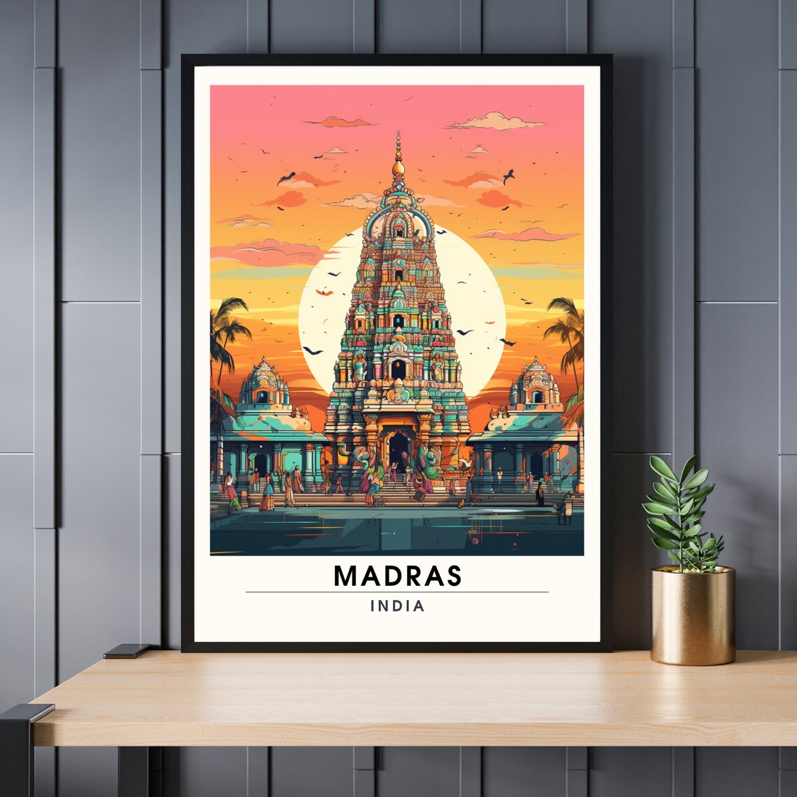 Madras India Temple Sunset Vintage Travel Illustration Poster