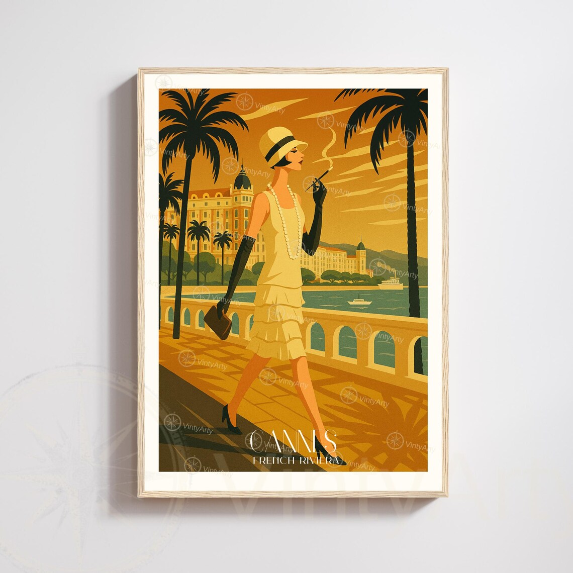 Cannes French Riviera Art Deco Flapper Woman Vintage Travel Poster