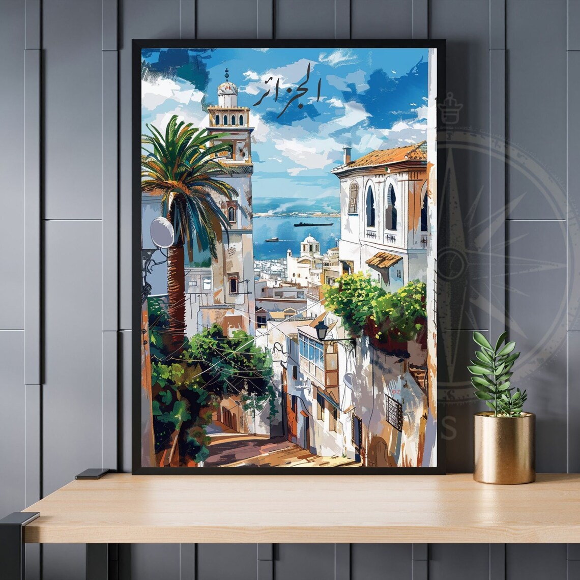 Algiers Algeria Casbah Street Mosque Bay Anime Style Travel Poster