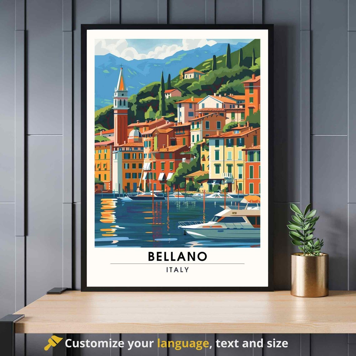 Bellano Italy Lake Como Sunny Waterfront Bell Tower Travel Poster