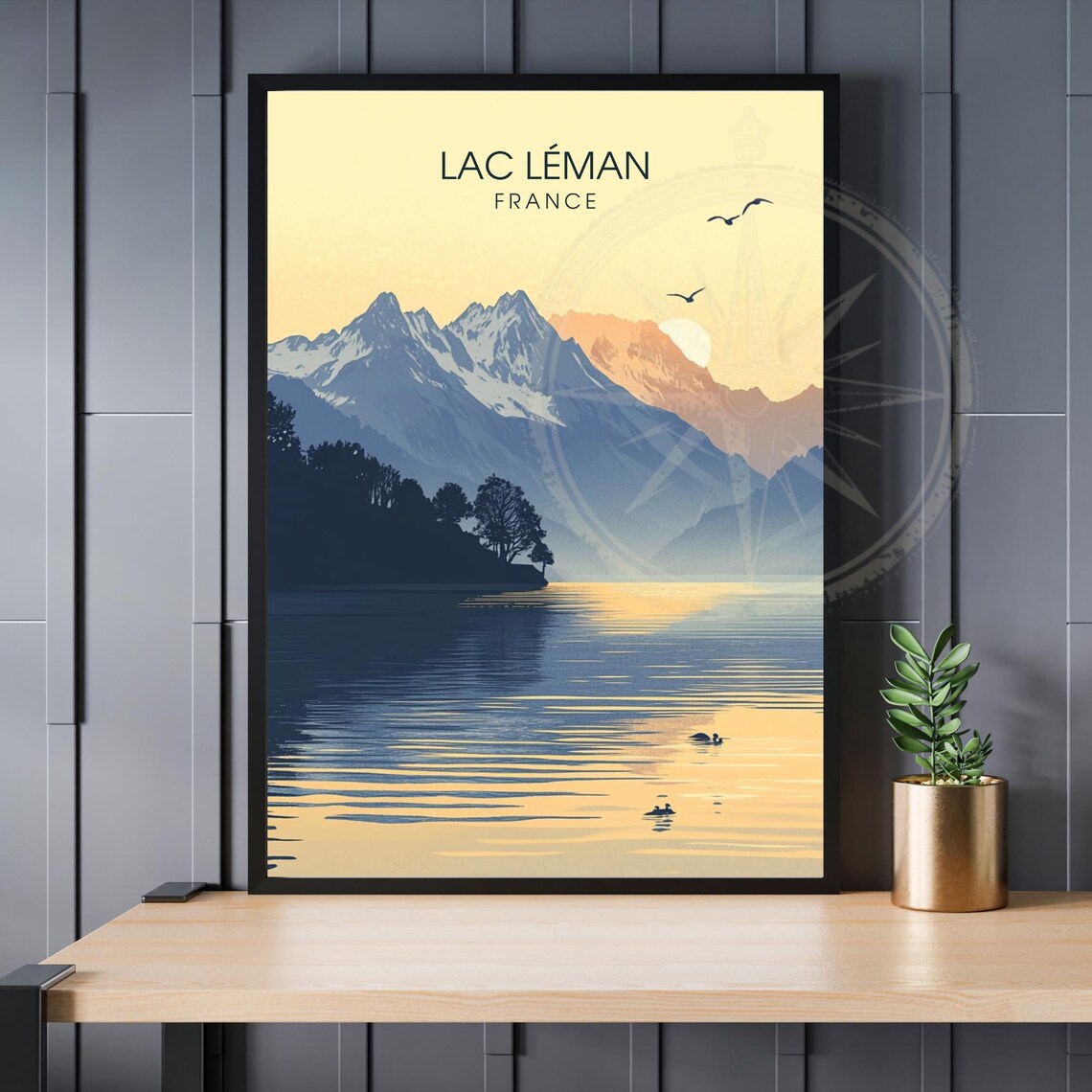 Lac Leman France Sunrise Lake Mountains Vintage Travel Poster