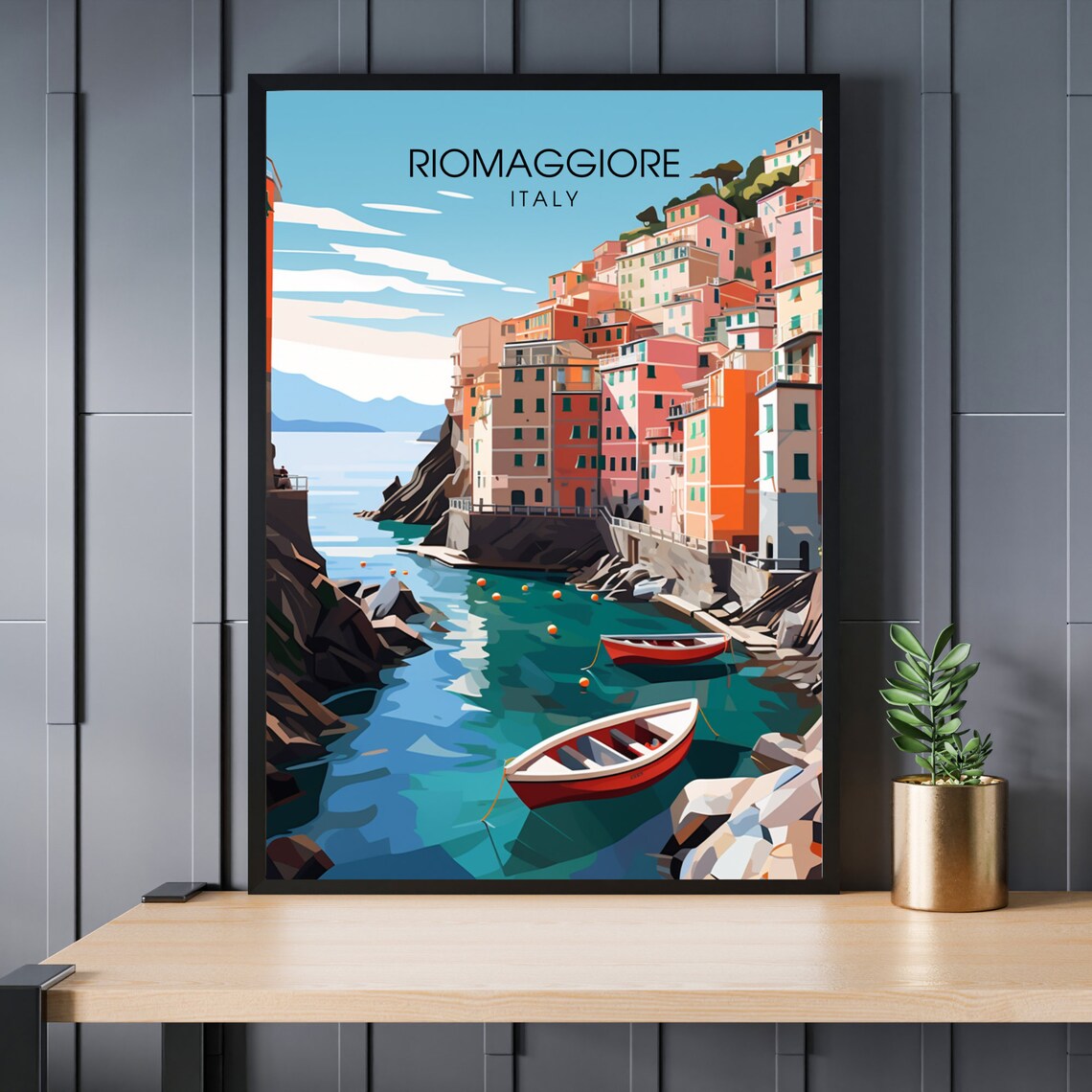 Riomaggiore Italy Cinque Terre Colorful Harbor Boats Travel Poster