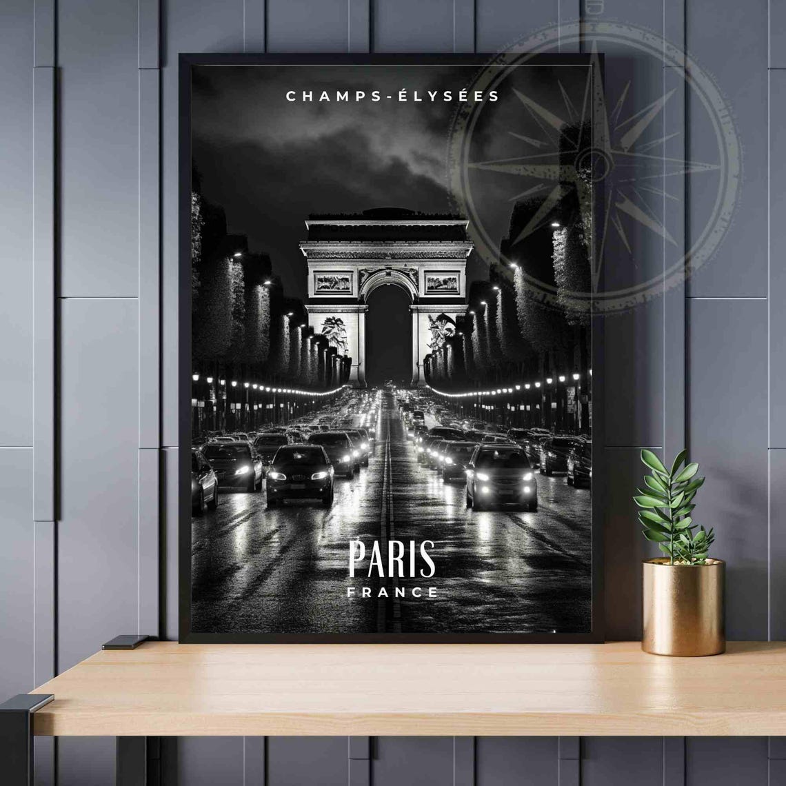 Paris Champs-Elysees Arc de Triomphe Night Traffic Black White Poster