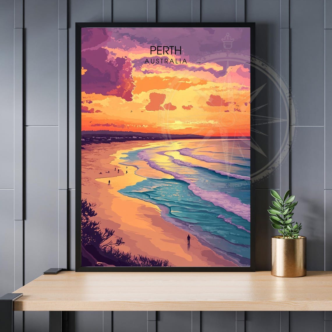 Perth Australia Beach Sunset Purple Sky Surfers Coastal Travel Poster
