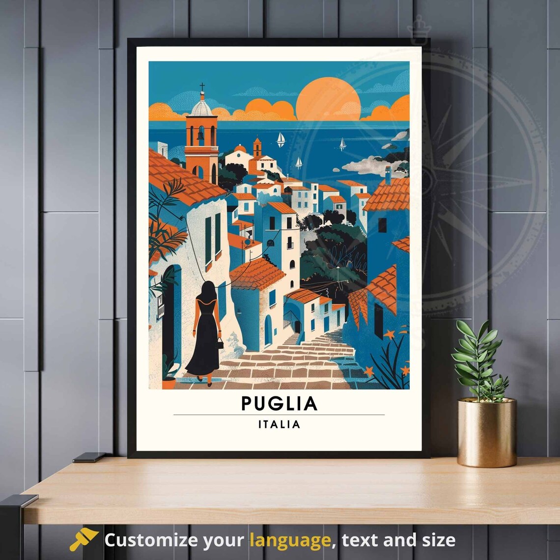 Puglia Italia Coastal Village Sunset Sea Boats Old Town Art Poster