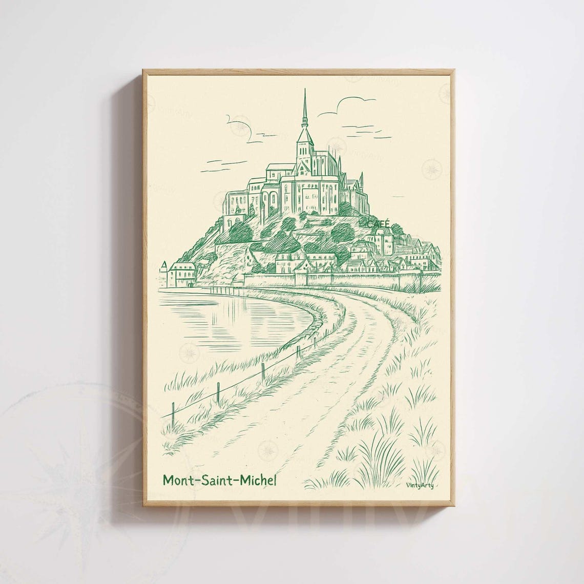 Mont Saint Michel Normandy Abbey Green Line Sketch Vintage Poster