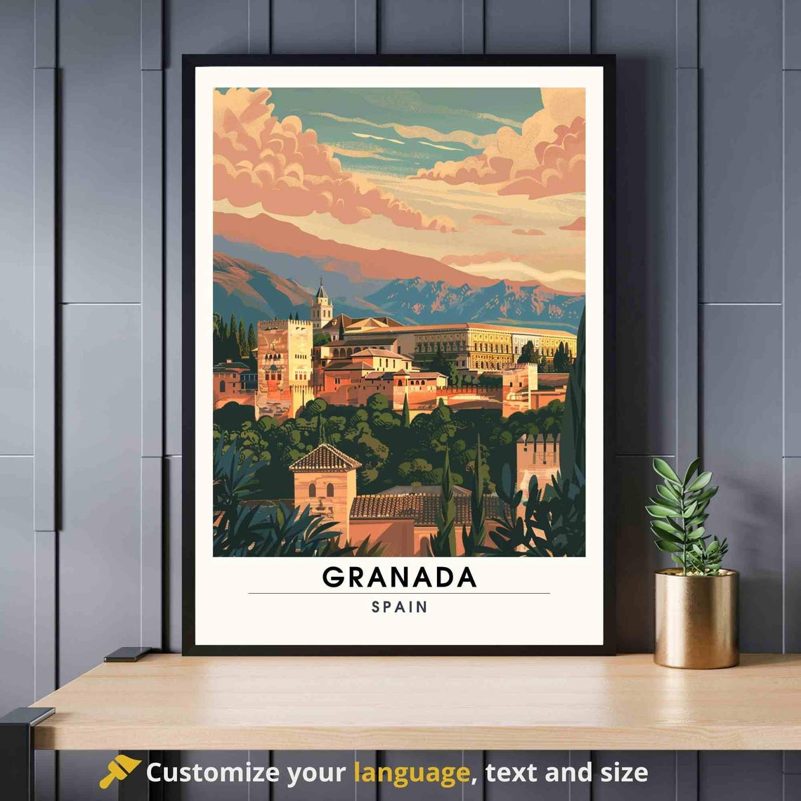 Granada Spain Alhambra Palace Sunset Mountain View Travel Poster