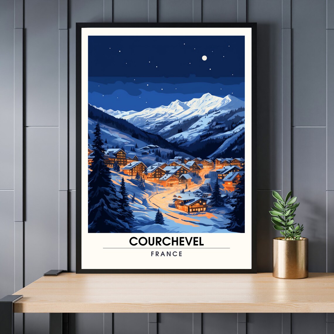 Courchevel France Moonlit Alpine Village Snowy Night Ski Poster
