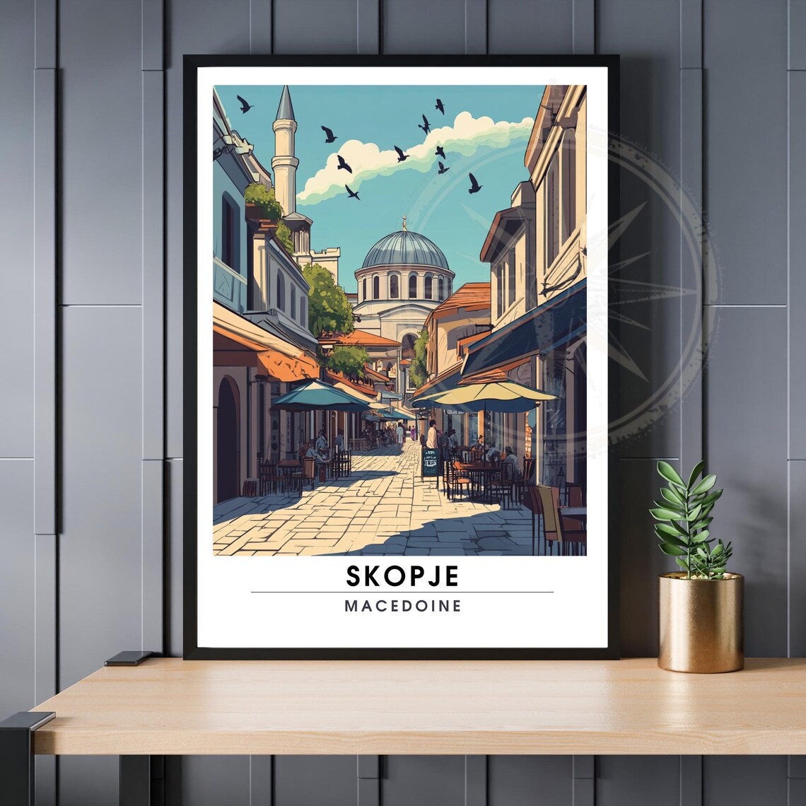 Skopje Old Town Mosque Dome Street Vintage Balkans Travel Poster