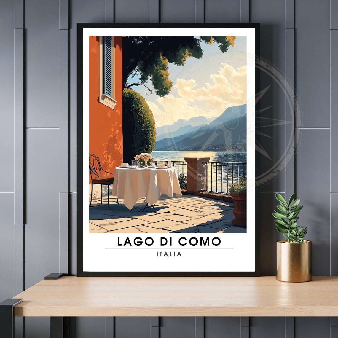 Lago di Como Italia Lakeside Terrace Sunset Vintage Travel Poster