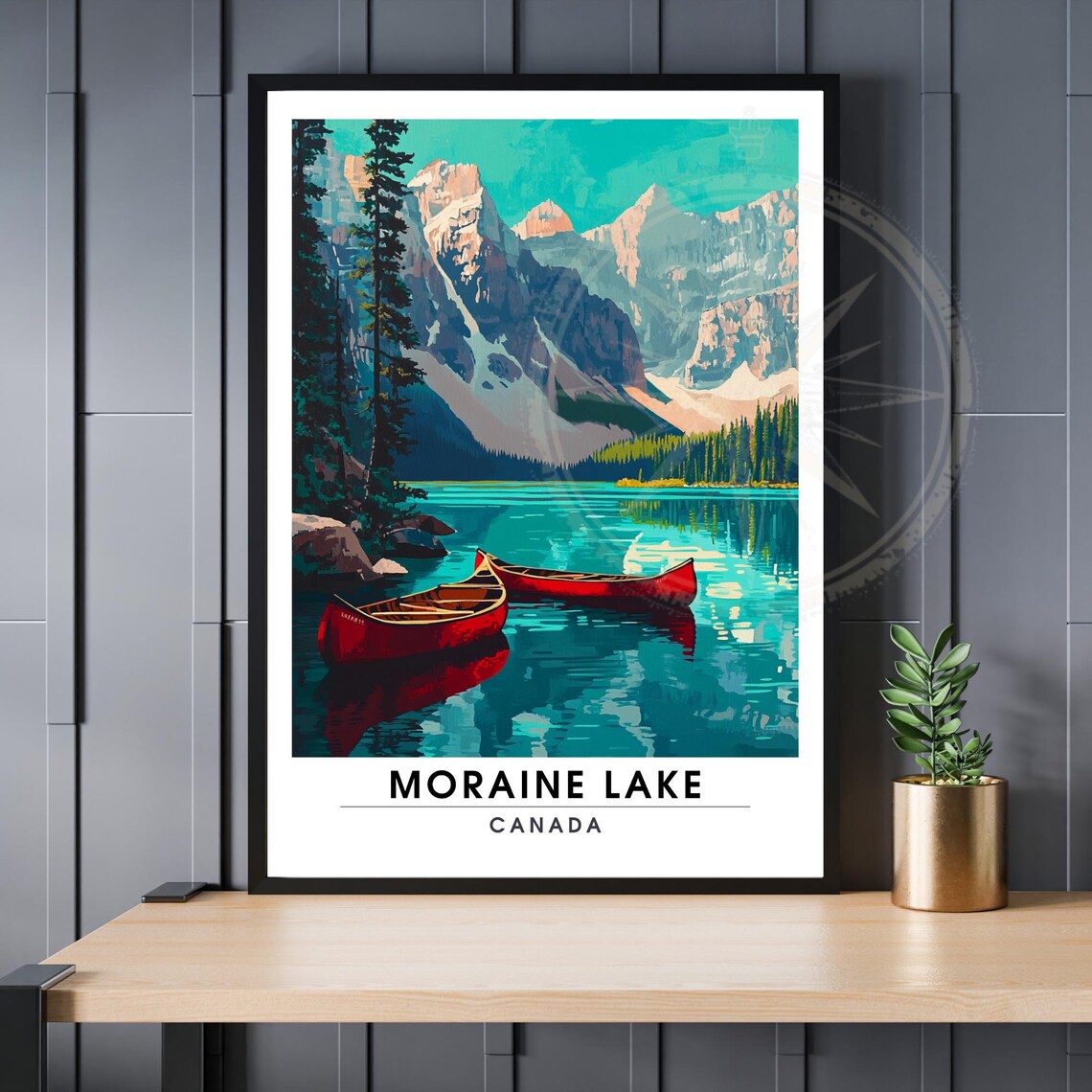 Moraine Lake Canada Red Canoes Turquoise Water Travel Poster