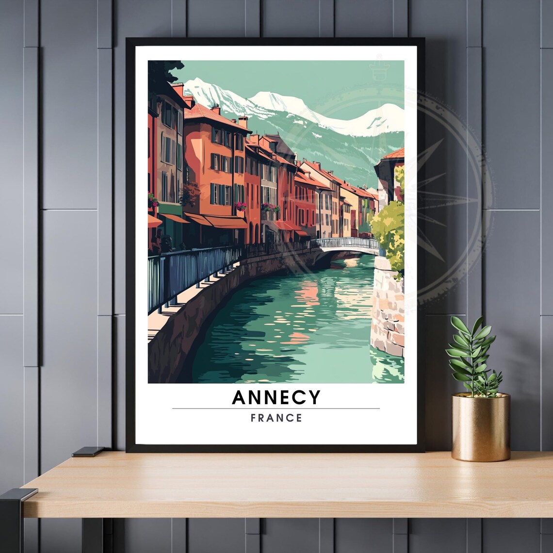 Annecy France Vintage Canal Houses With Mountain Backdrop Poster