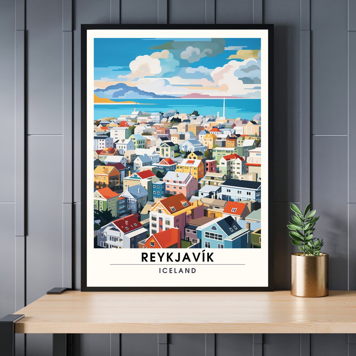 Reykjavik Iceland Colourful Houses Bay View Aerial Travel Poster