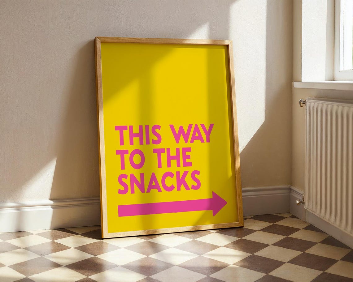 This Way To The Snacks Yellow Pink Arrow Funny Retro Kitchen Poster