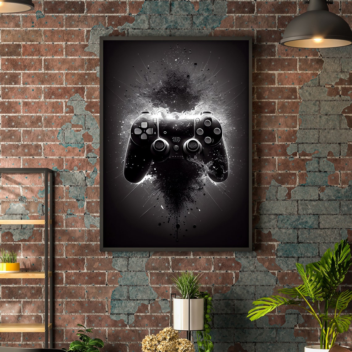 Game Controller Ink Splatter Black and White Gamer Art Poster - Image 3