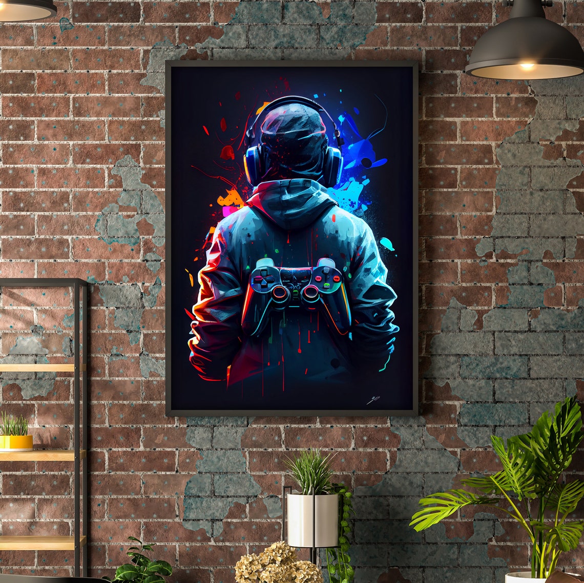 Gamer With Headphones Holding Controller Neon Splash Art Poster - Image 3