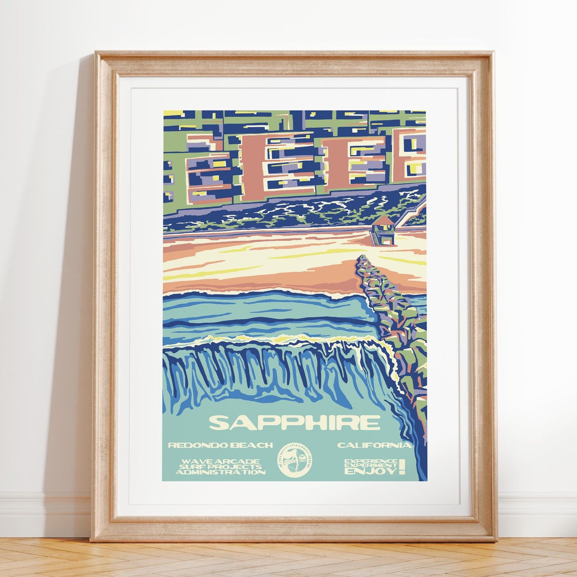 Sapphire Redondo Beach California Jetty Wave Vintage Travel Art Poster