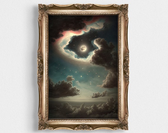 Moon And Stars Vintage Cloudy Painting Print Night Gothic Print Celestial Print Dark Aesthetic Celestial Poster