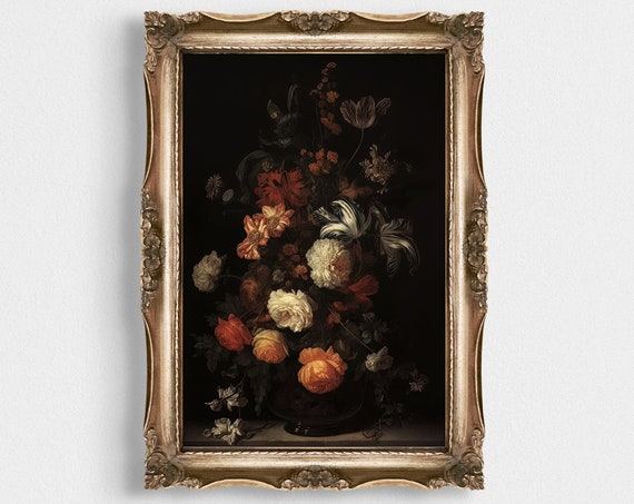 Dark Flower Painting Vintage Moody Flora Decor Wall Art Victorian Wall Art Moody Floral Wall Art Dark Academic Print