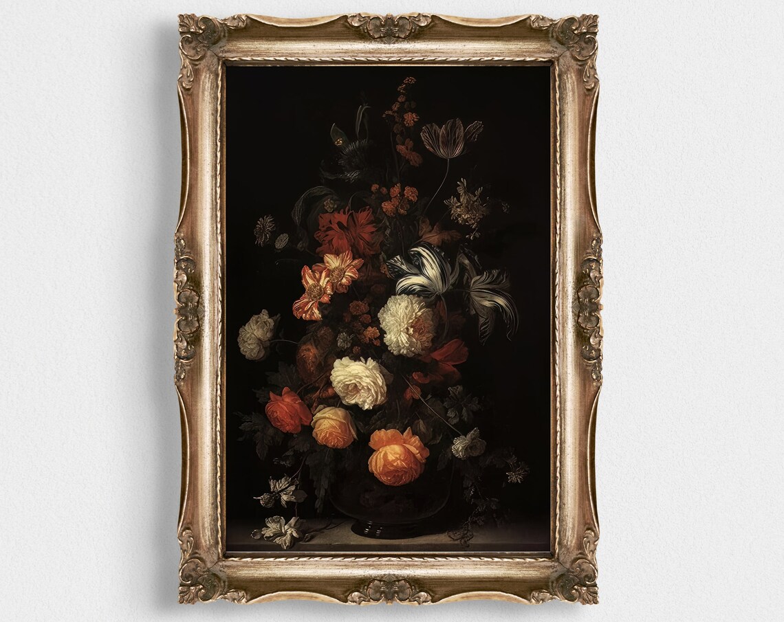 Dark Moody Floral Still Life Mixed Roses Marigolds On Black Poster