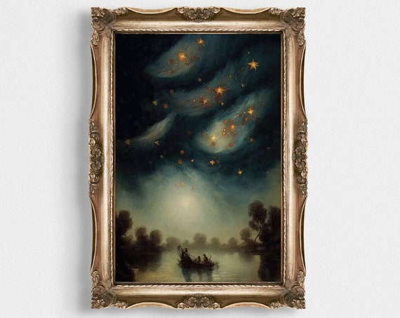 Print Of A Vintage Painting Of The Stars Celestial Night Print Gothic Wall Art Night Art Vintage Gothic Art Print