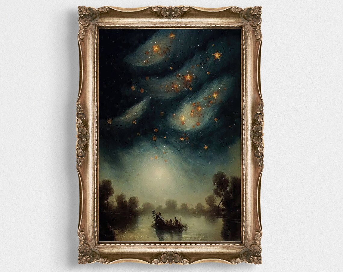 Starry Night Sky Golden Stars Moonlit Lake Boat Vintage Painting Poster