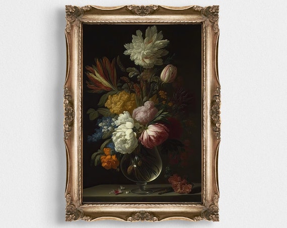 Dark Flowers Art Wall Art Moody Flower Painting Art Dark Academia Decor Antique Victorian Wall Art Vintage Oil Painting