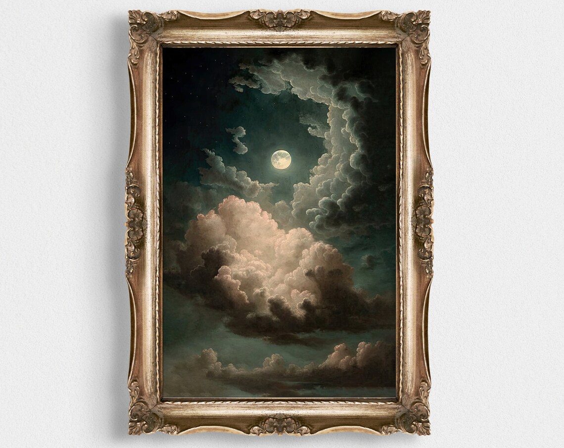 Moonlit Cloud Vortex Vintage Night Sky Painting Glow Art Poster