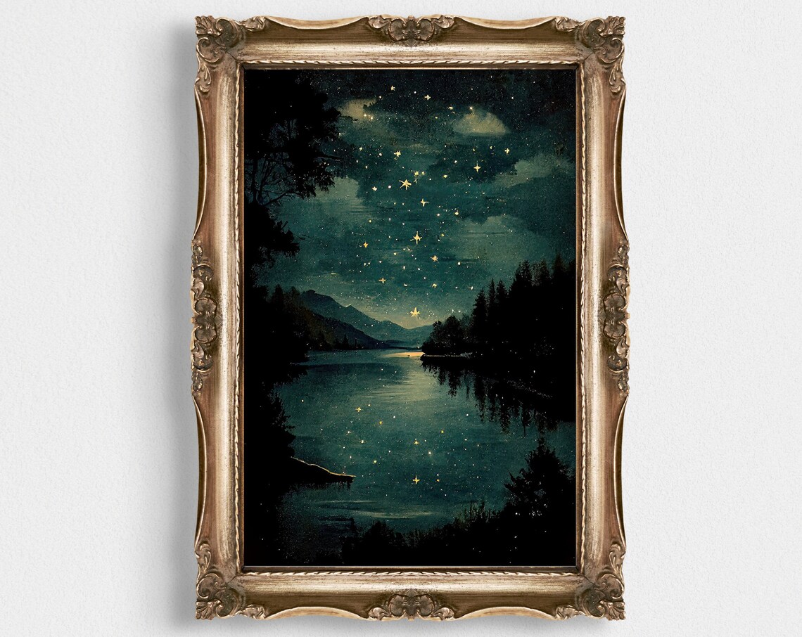 Starry Night Over Mountain Lake Teal Night Sky Magic Art Poster