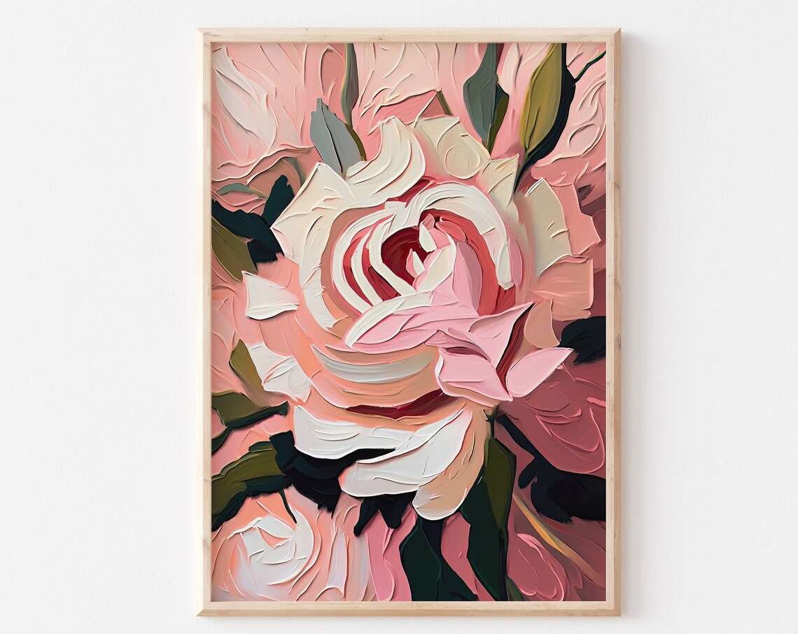 Pink Rose Close Up Impasto Oil Painting Romantic Floral Art Poster