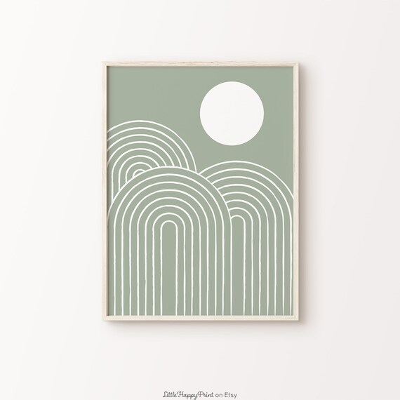 Sage Green Geometric Rainbows Print Mid Century Boho Modern Minimalist Abstract Rainbow Arches Sun Poster Home Decor Instant Download