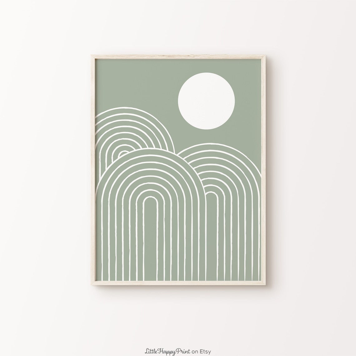 Sage Green Mid Century Boho Rainbow Arches Sun Abstract Poster
