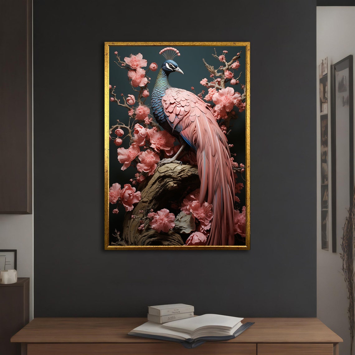 Pink Peacock Perched Cherry Blossom Branch Romantic Wall Art - Image 2