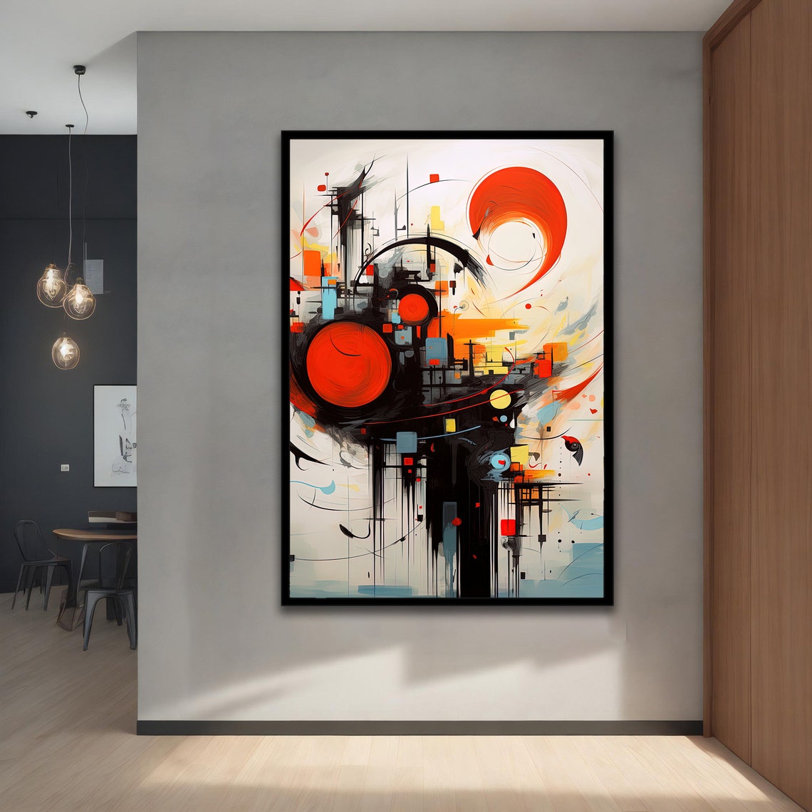 Abstract Black Line Art Red Circles Modern Urban Sketch Wall Art - Image 4