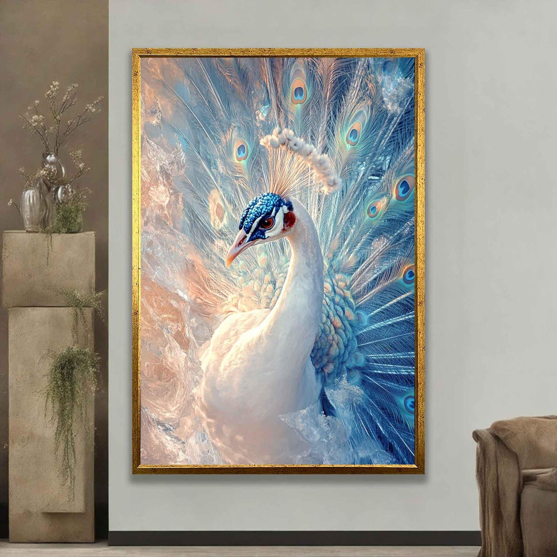 White Peacock Full Plumage Painting Blue Gold Elegant Bird Wall Poster - Image 3