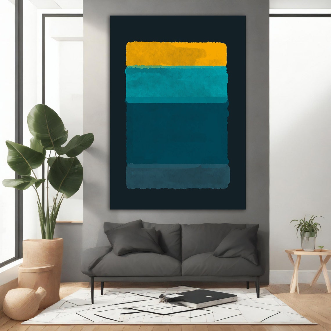 Golden Yellow Turquoise Teal Horizontal Bands Abstract Art Poster - Image 3