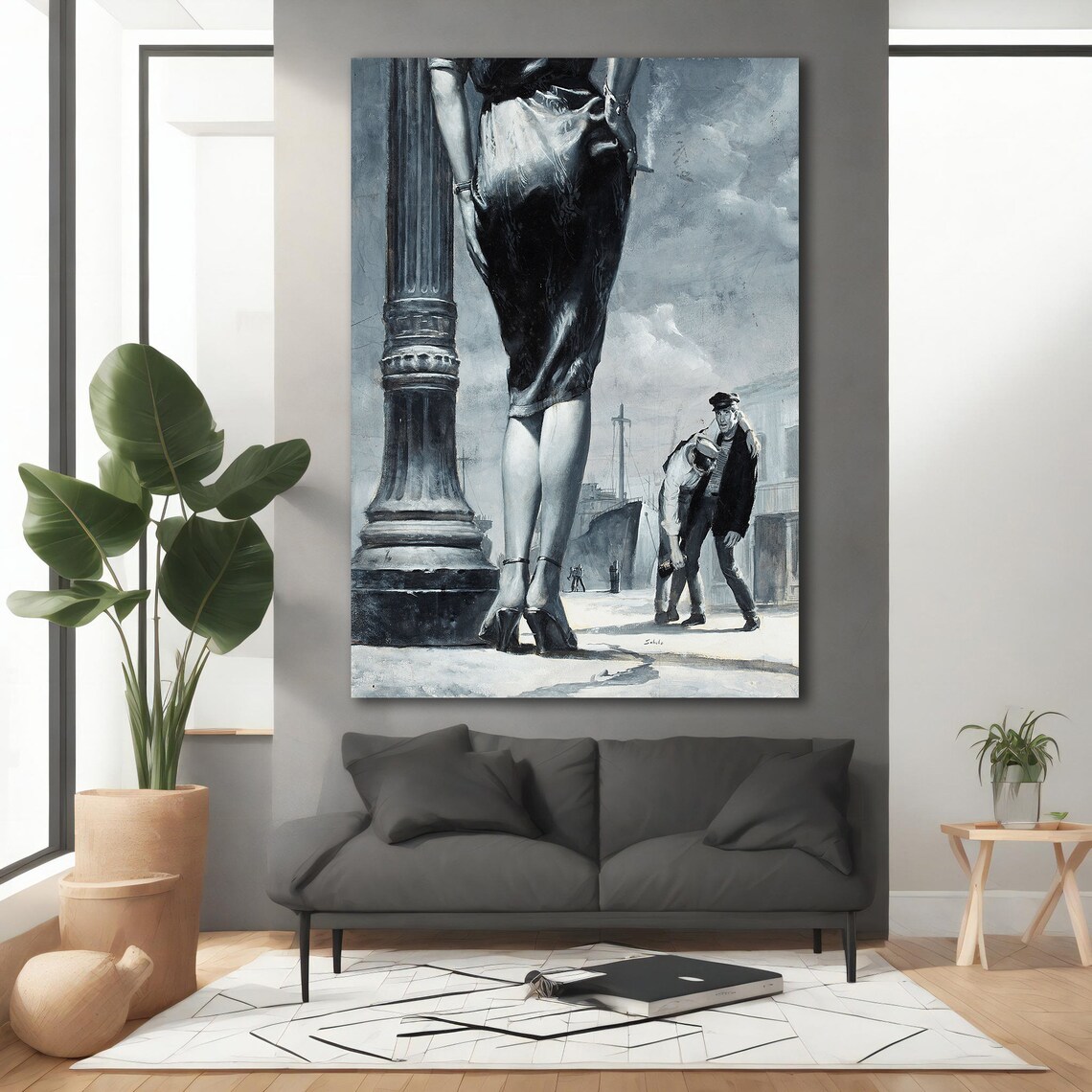 Noir Style Woman Legs Column Dock Scene Vintage Pulp Painting Wall Art Print - Image 2