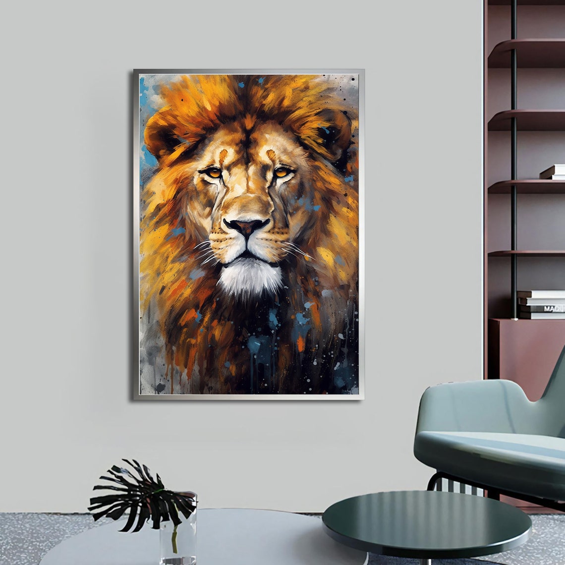 Colorful Lion Face Watercolor Orange Blue Paint Splashes Poster - Image 4