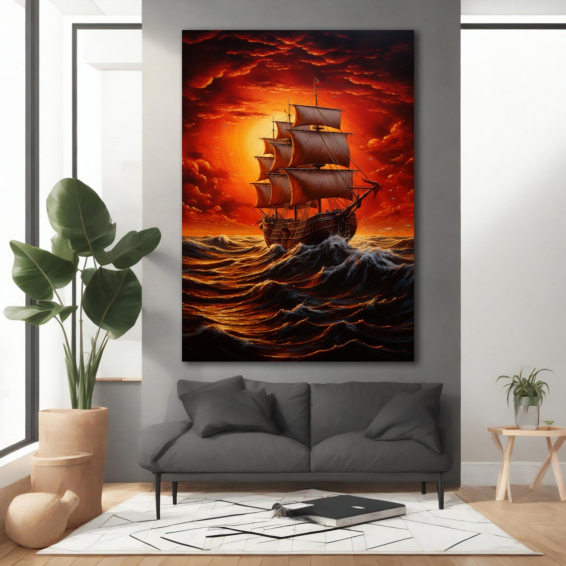 Tall Ship Glowing Sunset Behind Billowing Sails Ocean Waves Poster - Image 5