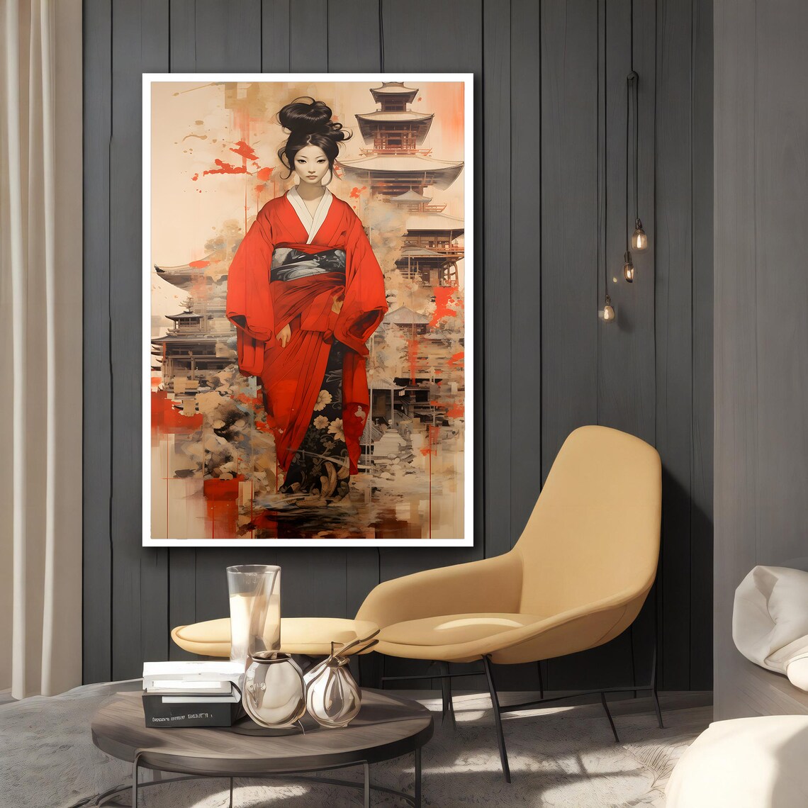 Japanese Geisha Red Kimono Pagoda Watercolor Traditional Art Poster - Image 2
