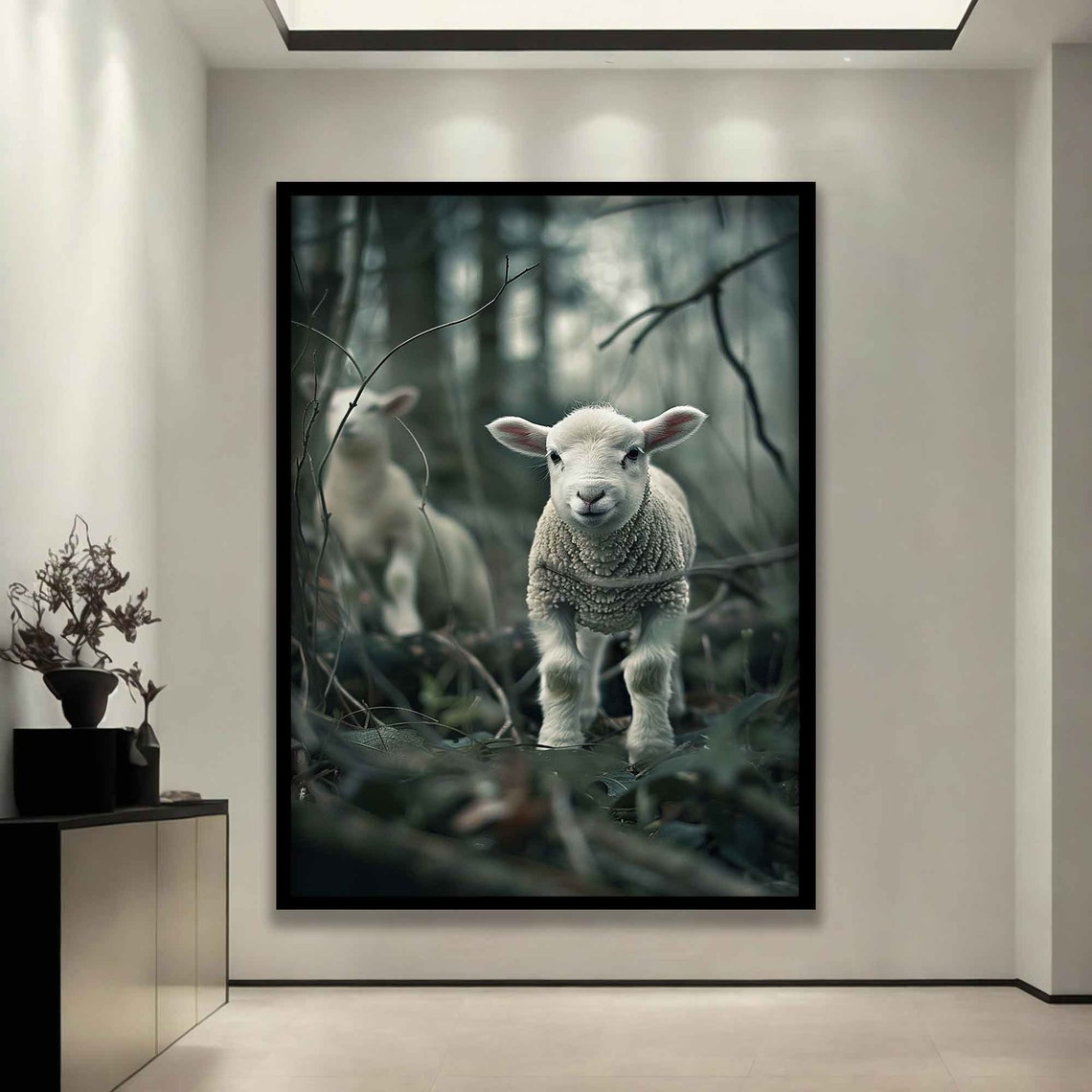 Cute White Lamb in Misty Dark Forest Adorable Baby Sheep Poster - Image 3