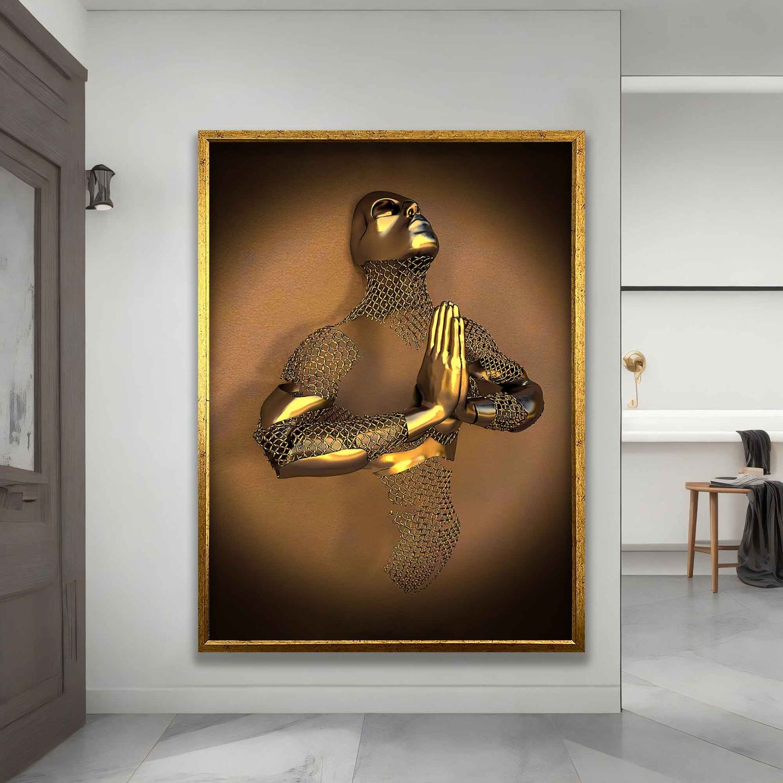 Golden Meditating Figure Chainmail Texture Warm Bronze Zen Art Poster