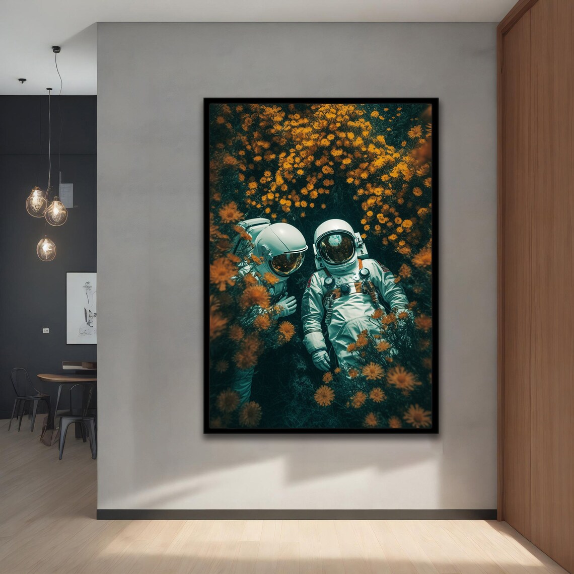 Two Astronauts Resting Among Yellow Wildflowers Aerial View Art Poster