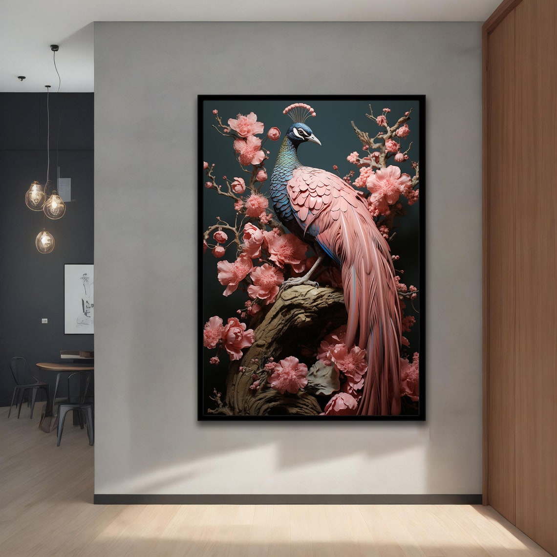 Pink Peacock Perched Cherry Blossom Branch Romantic Wall Art - Image 3