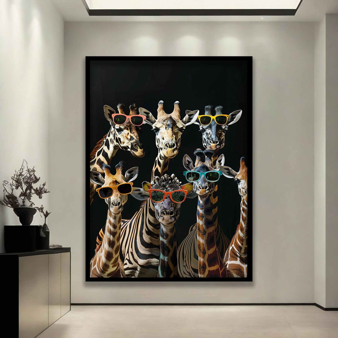 Giraffes Wearing Bright Sunglasses Fun Black Background Art Poster - Image 3