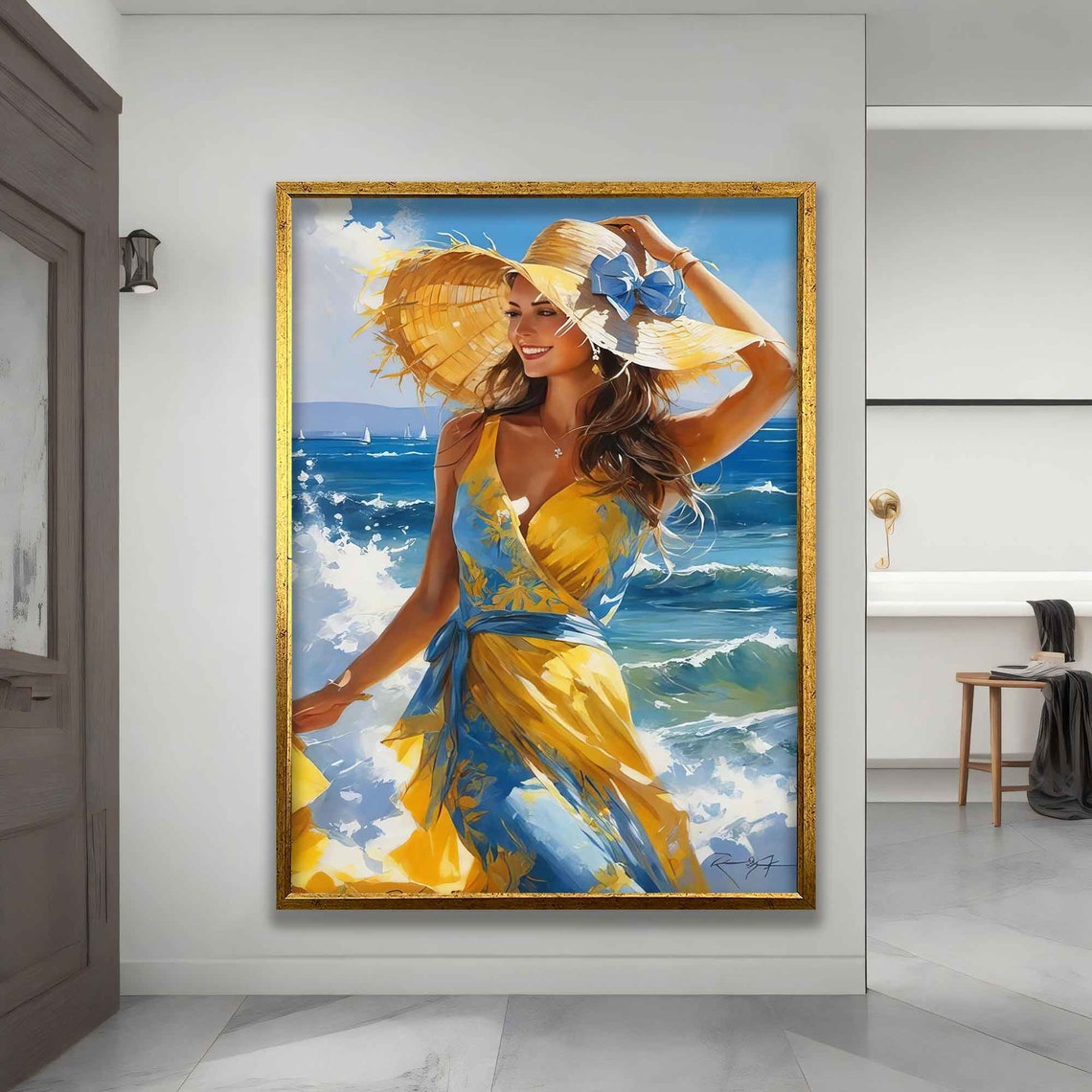 Beautiful Woman On The Beach Print Woman With Hat Landscape Art Beautiful Woman Art Girl On The Beach Poster