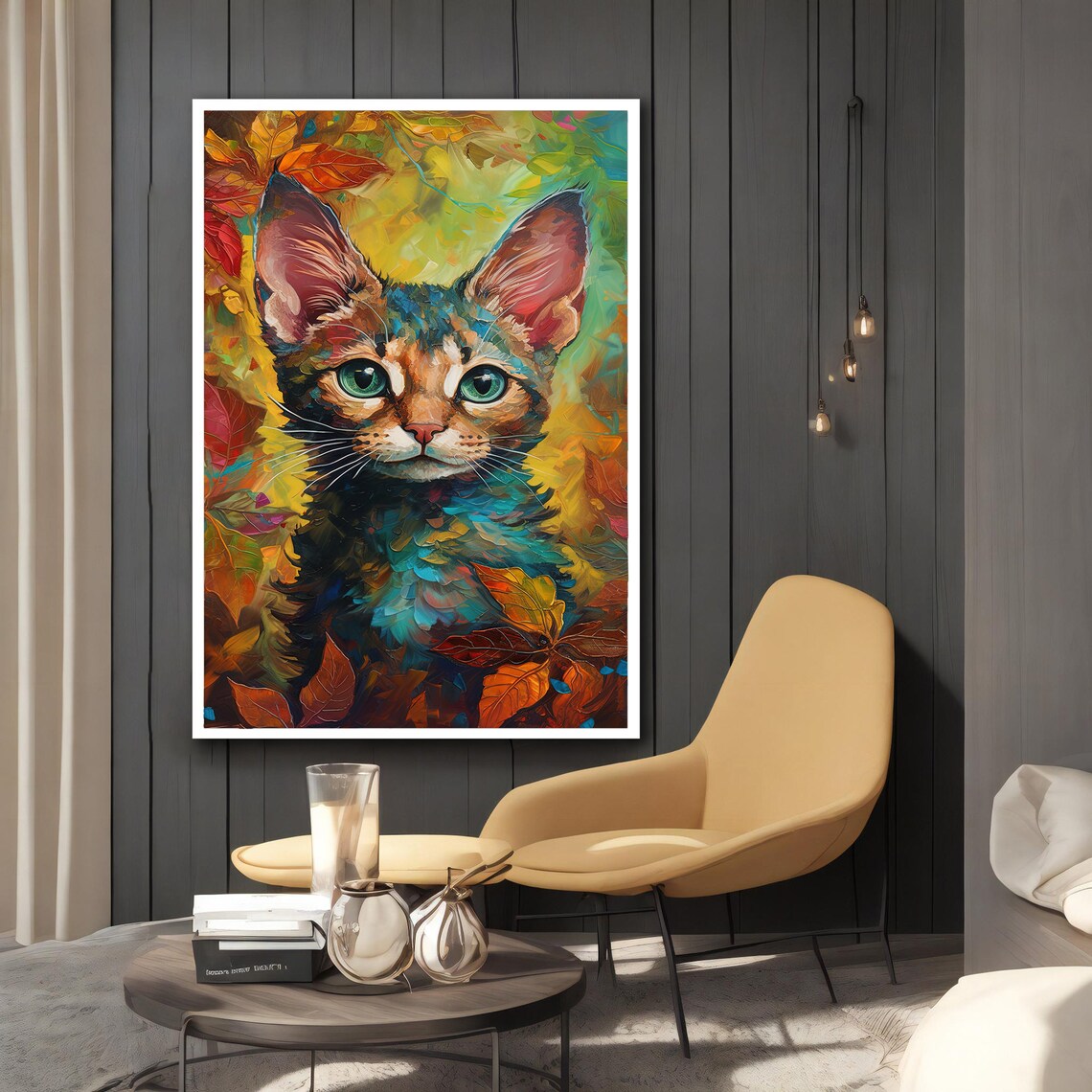 Colorful Cat Portrait Green Eyes Autumn Leaves Impressionist Poster - Image 2
