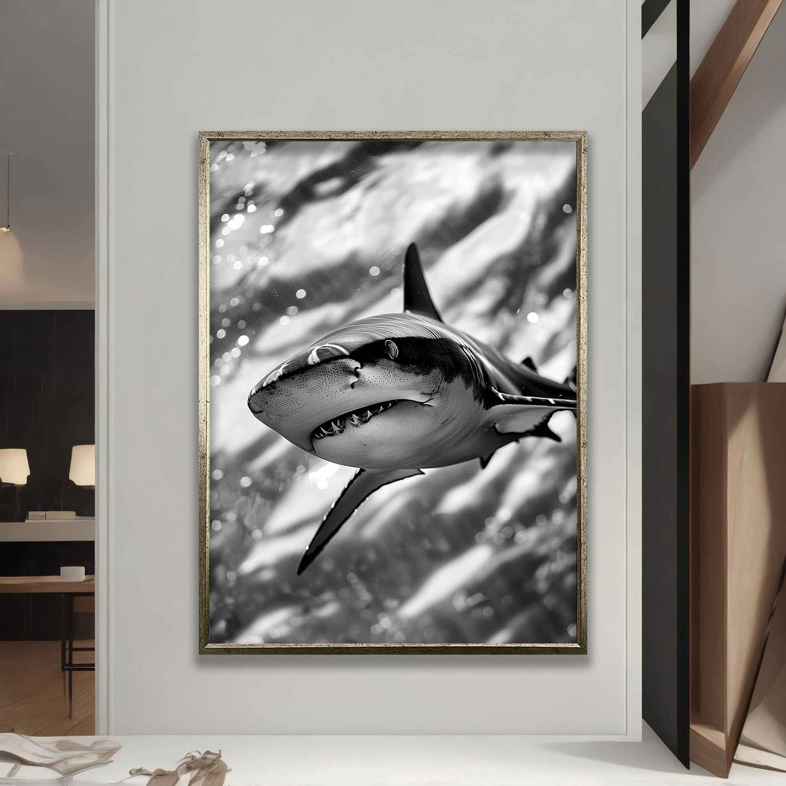 Great White Shark Black And White Underwater Portrait Ocean Wall Art