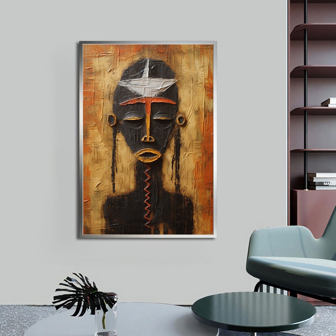 African Tribal Mask Gold Ochre Textured Abstract Ethnic Art Poster - Image 4
